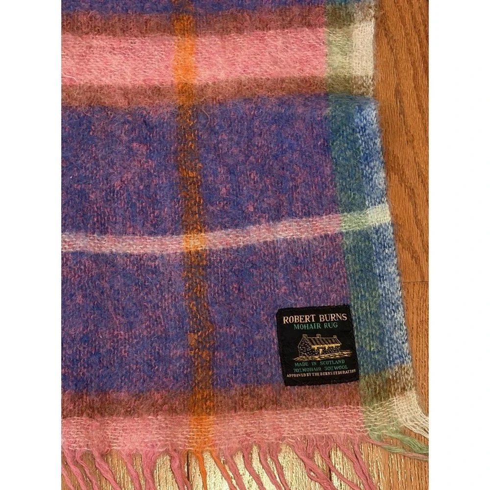 Vintage 1960s Robert Burns Mohair Plaid Throw, 70% Mohair, 30% Wool 70x52